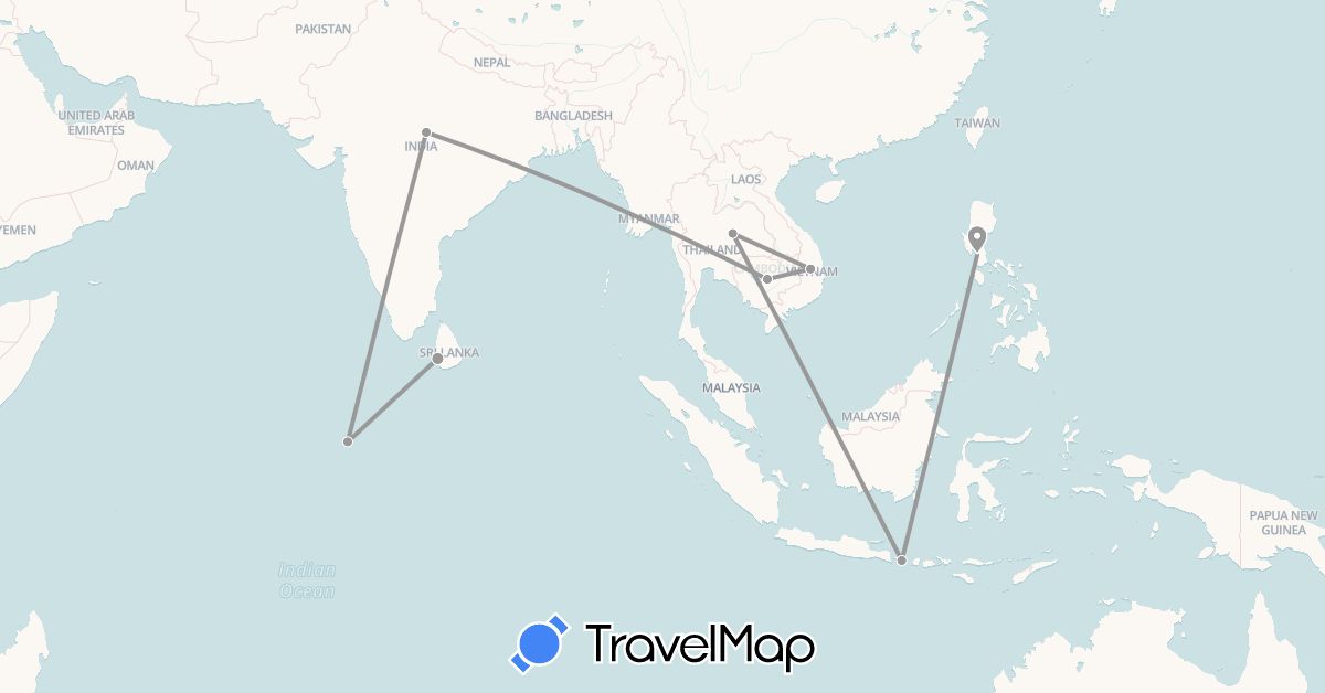 TravelMap itinerary: driving, plane in Indonesia, India, Cambodia, Sri Lanka, Philippines, Thailand, Vietnam (Asia)
